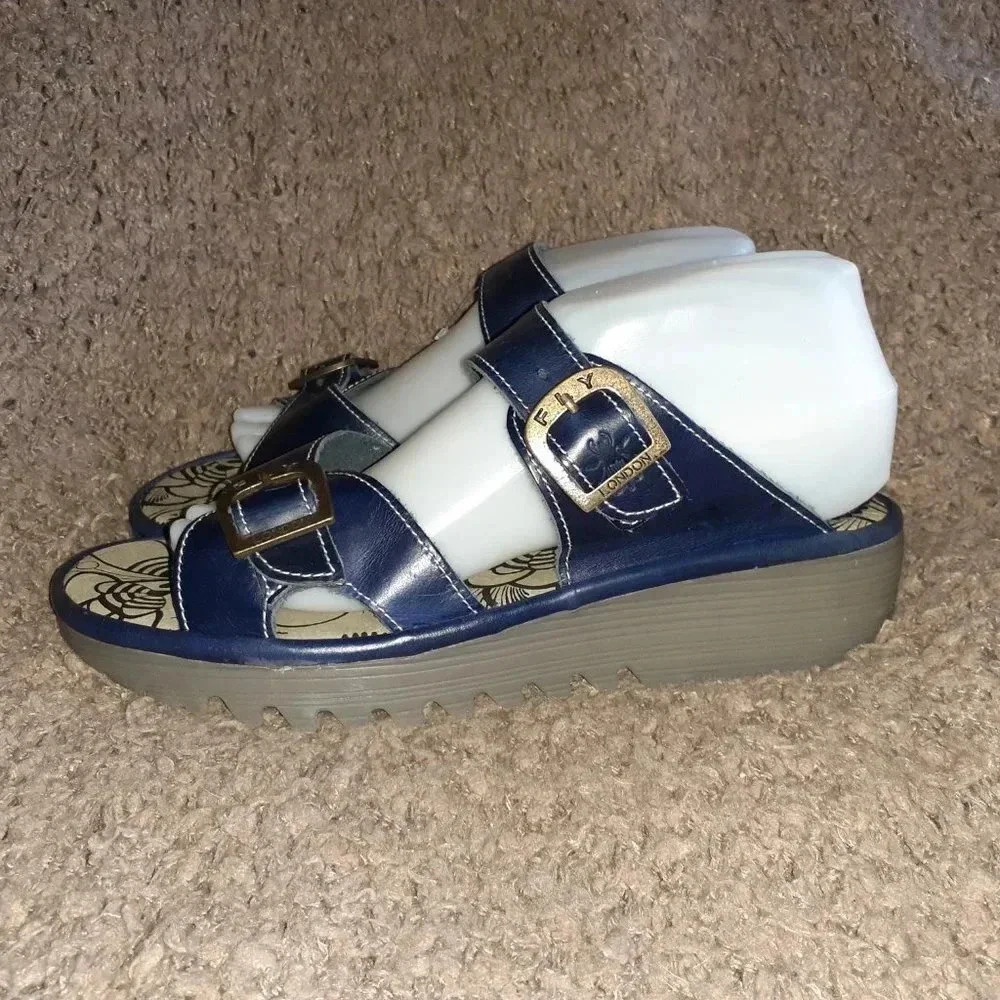 FLY LONDON-ETAN-Navy Blue Leather Slide Sandals - Picture 2 of 7